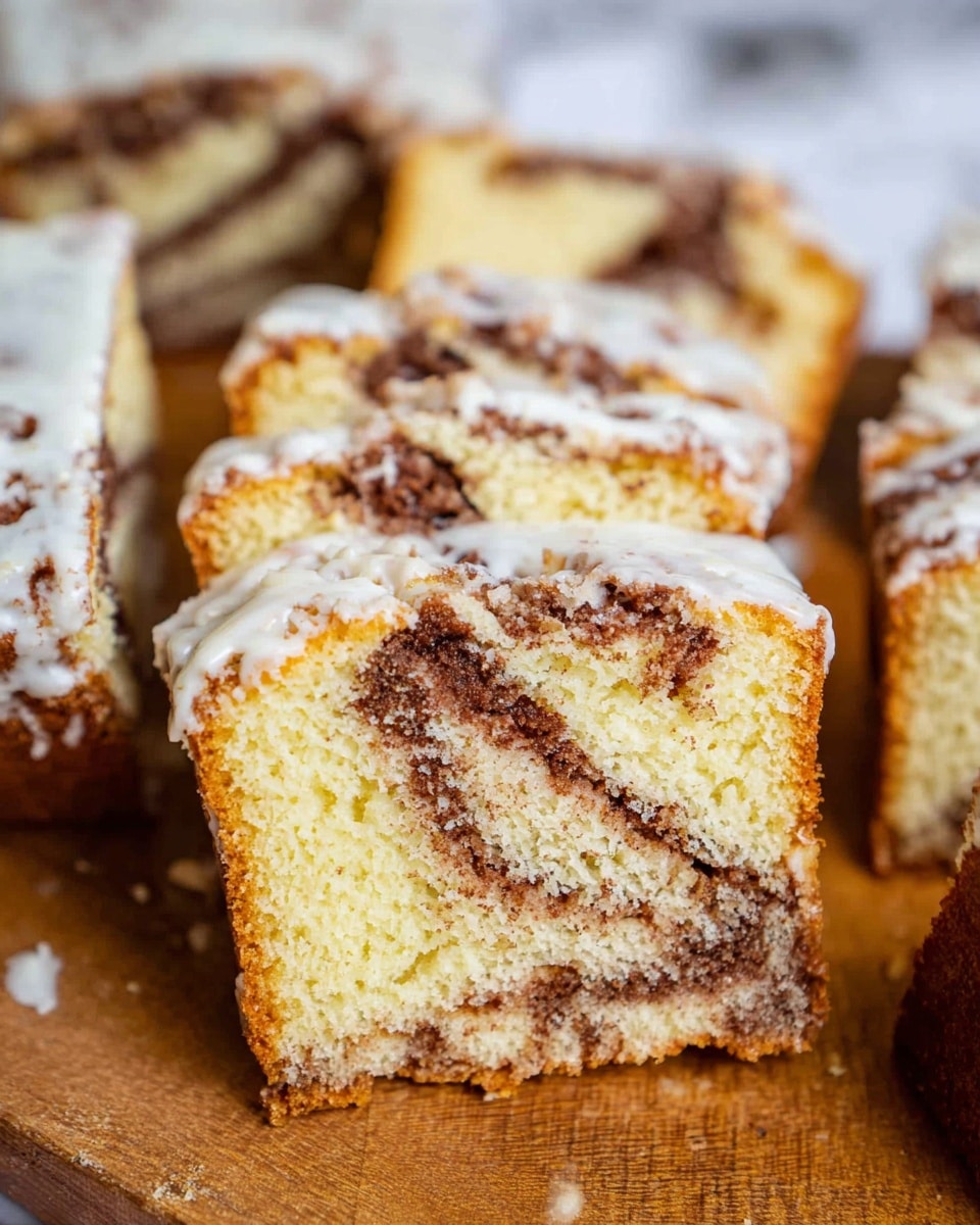 The image shows several slices of cinnamon swirl cake with white icing on top, arranged closely on a wooden surface. Each slice reveals two main layers: a light yellow soft cake base with darker brown swirls of cinnamon blending through the middle, creating a marbled effect. The white icing on top is unevenly spread and slightly drips down the edges. The background is blurred with a white marbled texture, adding contrast to the warm brown and yellow tones of the cake. Photo taken with an iphone --ar 4:5 --v 7