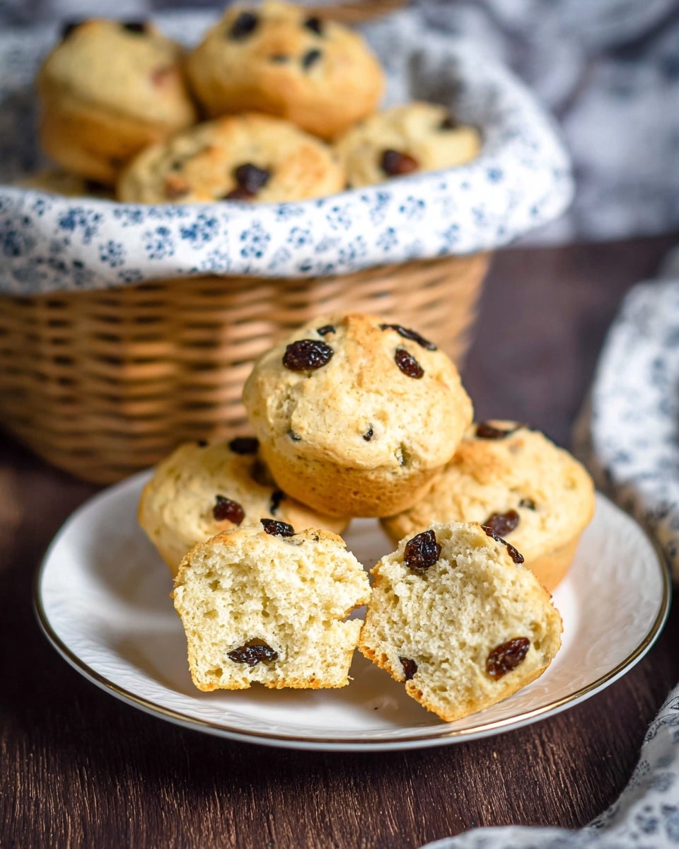 A white plate holds six small light golden muffins dotted with dark raisins. One muffin is broken in half at the front to show its soft, crumbly inside with raisins spread throughout. Behind the plate, there is a wicker basket lined with a white cloth featuring blue patterns, filled with more muffins. The surface beneath is dark wood, and the background has a blurred white marbled texture. photo taken with an iphone --ar 4:5 --v 7