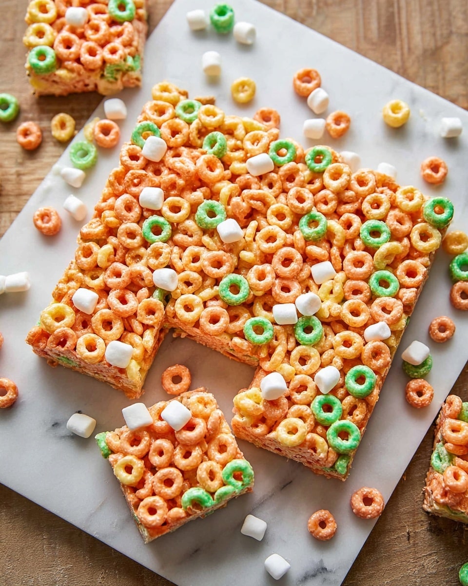 A square-shaped cereal treat is shown on a white marbled surface, made up of a single thick layer of orange and green ring-shaped cereal pieces held together by a glossy, sticky-looking binder. The cereal pieces are distributed evenly on top with a few white mini marshmallows scattered around both on the surface and near the edges of the treat. The treat is already cut into rectangular bars, with one piece partially pulled out. The background includes a wooden board underneath the white marbled surface with loose cereal and marshmallows scattered around it. Photo taken with an iphone --ar 4:5 --v 7