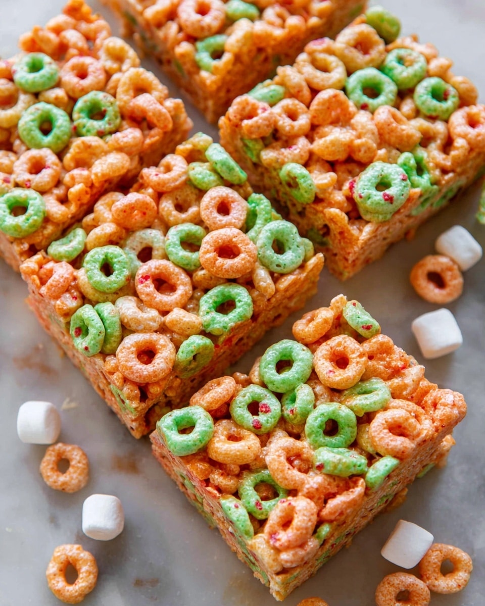 The image shows a close-up of six square cereal bars arranged tightly together on a white marbled surface. Each bar is made of colorful cereal loops in green and orange shades, coated with a shiny, slightly sticky layer that binds them together. The cereal pieces are whole and maintain their ring shape, some with tiny red specks on them. The bars have a rough, bumpy texture from the cereal loops piled on top. Scattered around the bars are a few loose cereal rings and small white mini marshmallows, adding contrast. Photo taken with an iphone --ar 4:5 --v 7