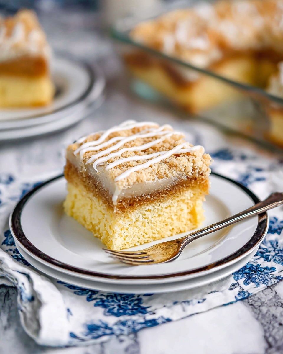 A square piece of layered cake sits on a white plate with a black rim, placed on a white marbled surface covered partially by a white cloth with blue floral patterns. The cake has three layers: the bottom layer is yellow and looks soft, the middle layer is light brown and smooth, and the top layer is crumbly with a beige color, drizzled with thin white icing. A silver fork is placed next to the cake on the plate. In the blurred background, more pieces of the same cake and a glass baking dish with the same layered dessert are visible. Photo taken with an iphone --ar 4:5 --v 7