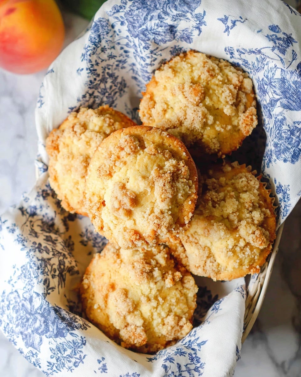 A top view of five crumb-topped muffins arranged closely in a white basket lined with a white cloth featuring blue floral patterns; the muffins have a golden-brown color with a rough, crumbly texture on top, and the basket sits on a white marbled surface, with a blurry peach in the background on the left side photo taken with an iphone --ar 4:5 --v 7