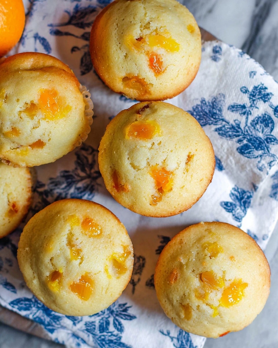 Seven muffins with smooth, light golden tops scattered with small chunks of bright orange fruit are arranged closely on a white napkin with blue floral designs. The muffins have a soft, slightly puffy texture and sit on a white marbled surface. Each muffin shows the fruit pieces embedded both on top and within the body, adding pops of color to the pale dough. Photo taken with an iphone --ar 4:5 --v 7