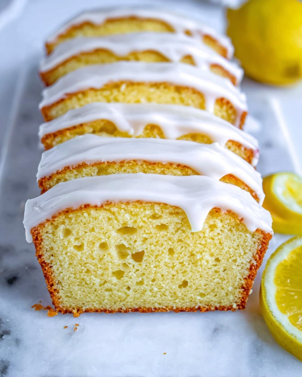 The image shows five slices of a moist yellow cake arranged in a row on a white marbled surface. Each slice has a thick layer of smooth white icing on top that slightly drips down the sides. The cake has a light crumb texture with small air holes visible in the yellow interior, and the edges are a soft golden brown. To the right of the cake slices, there is a whole lemon and a lemon wedge, both bright yellow and fresh-looking. The photo taken with an iphone --ar 4:5 --v 7