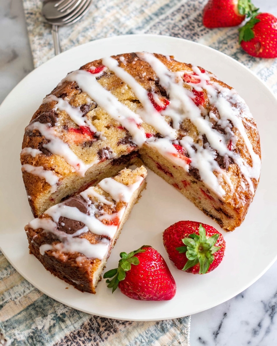 A round cake with one slice cut out is on a white plate, showing a golden brown inside with bits of melted dark chocolate and red strawberry pieces throughout. The top is drizzled with white icing that looks shiny and smooth, creating streaks across the cake's surface. Around the cake on the plate are four fresh strawberries with green leaves, adding bright red color. The plate sits on a white marbled surface with a patterned cloth nearby. Photo taken with an iphone --ar 4:5 --v 7