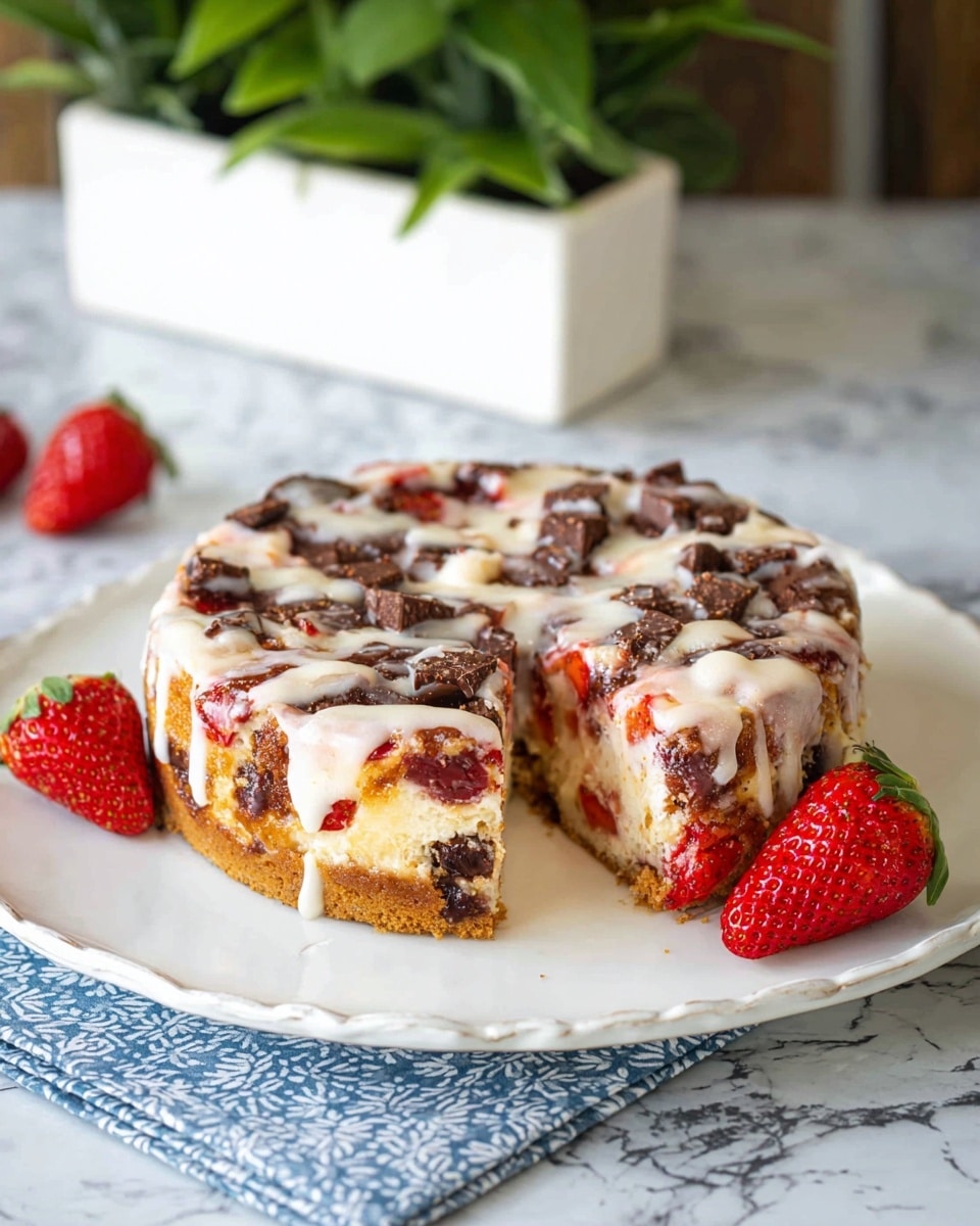 The image shows a round cake on a white plate with a scalloped edge, placed on a white marbled surface with a blue and white patterned napkin underneath. The cake has two visible layers: a thicker bottom layer with a golden brown texture and bits of red strawberry mixed in, and a lighter, creamy top layer with more strawberries and chunks of dark brown chocolate embedded throughout. The top surface is drizzled with a white glaze that adds a shiny texture. Around the cake on the plate are three whole fresh strawberries, adding bright red color. The background features a green leafy plant in a white rectangular planter. Photo taken with an iphone --ar 4:5 --v 7