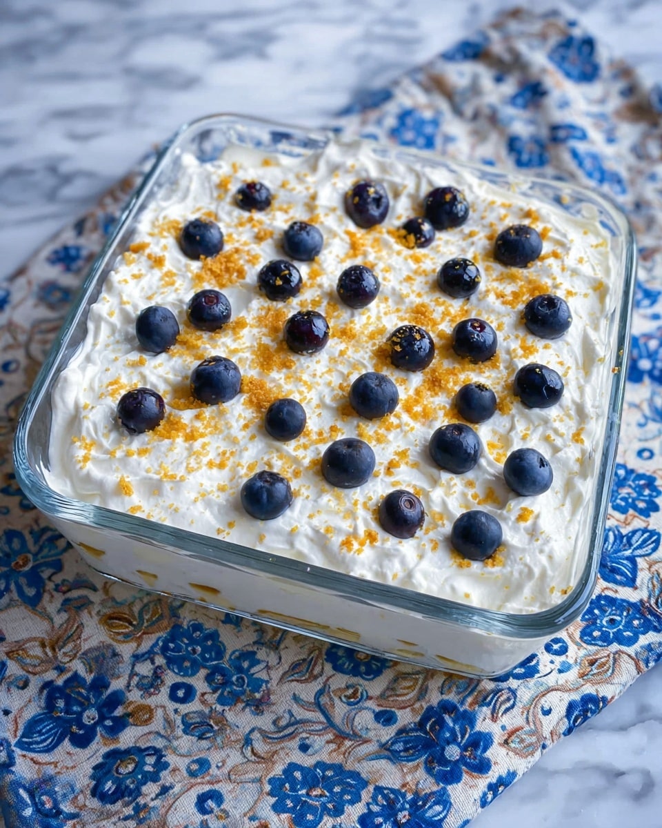 A square clear glass dish filled with a dessert that has a thick layer of white whipped cream on top, sprinkled with golden crumbs evenly scattered, and dotted with fresh dark blue blueberries placed randomly across the surface. The dish is set on a white marbled surface with a folded cloth underneath showing a blue and beige flower pattern. Photo taken with an iphone --ar 4:5 --v 7