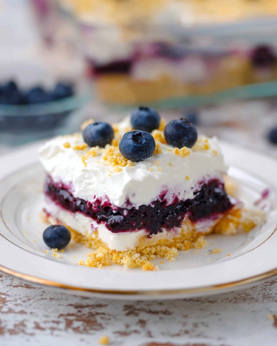 A square dessert bar is on a white plate with a gold rim, sitting on a white marbled surface. The dessert has three clear layers: the bottom layer is a golden crumbly crust, the middle layer is a dark purple berry filling, and the top layer is a thick white creamy topping. There are several whole blueberries placed on top of the creamy layer, along with some golden crumbs sprinkled over it. In the background, a glass dish with more of the same dessert is visible but blurred. photo taken with an iphone --ar 4:5 --v 7