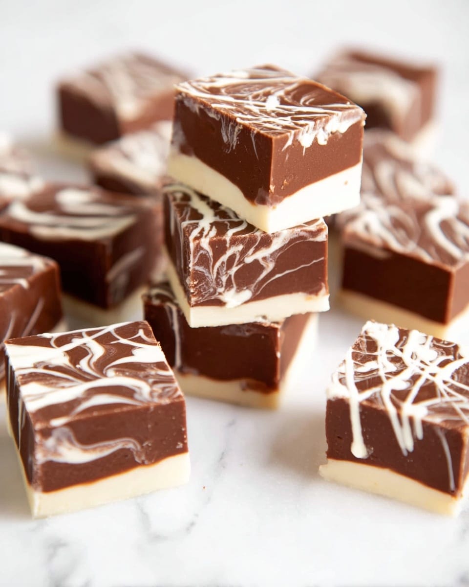 The image shows multiple square pieces of layered fudge arranged on a white marbled surface. Each piece has two thick layers: a bottom creamy white layer and a top rich brown chocolate layer. The brown layer has thin white swirled lines drizzled over it, creating a decorative pattern. Some fudge pieces are stacked on top of each other in the center, while others are spread around them. The fudge has smooth and glossy textures with sharp edges, and the overall look is neat and inviting. photo taken with an iphone --ar 4:5 --v 7