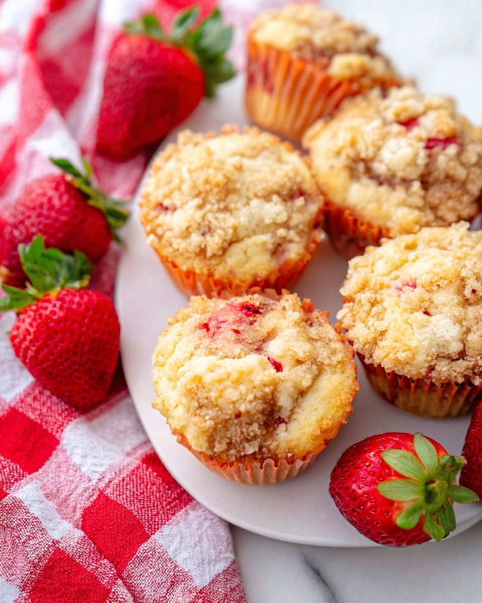 The image shows six strawberry muffins arranged on a white plate with orange muffin liners. Each muffin has a golden crumb topping with visible bits of red strawberry pieces mixed in, adding spots of bright red color. Around the plate, there are several fresh strawberries with green leaves, and a red and white checkered cloth partially covers the surface, which is a white marbled texture. The muffins look soft with a slightly bumpy texture on top. photo taken with an iphone --ar 4:5 --v 7