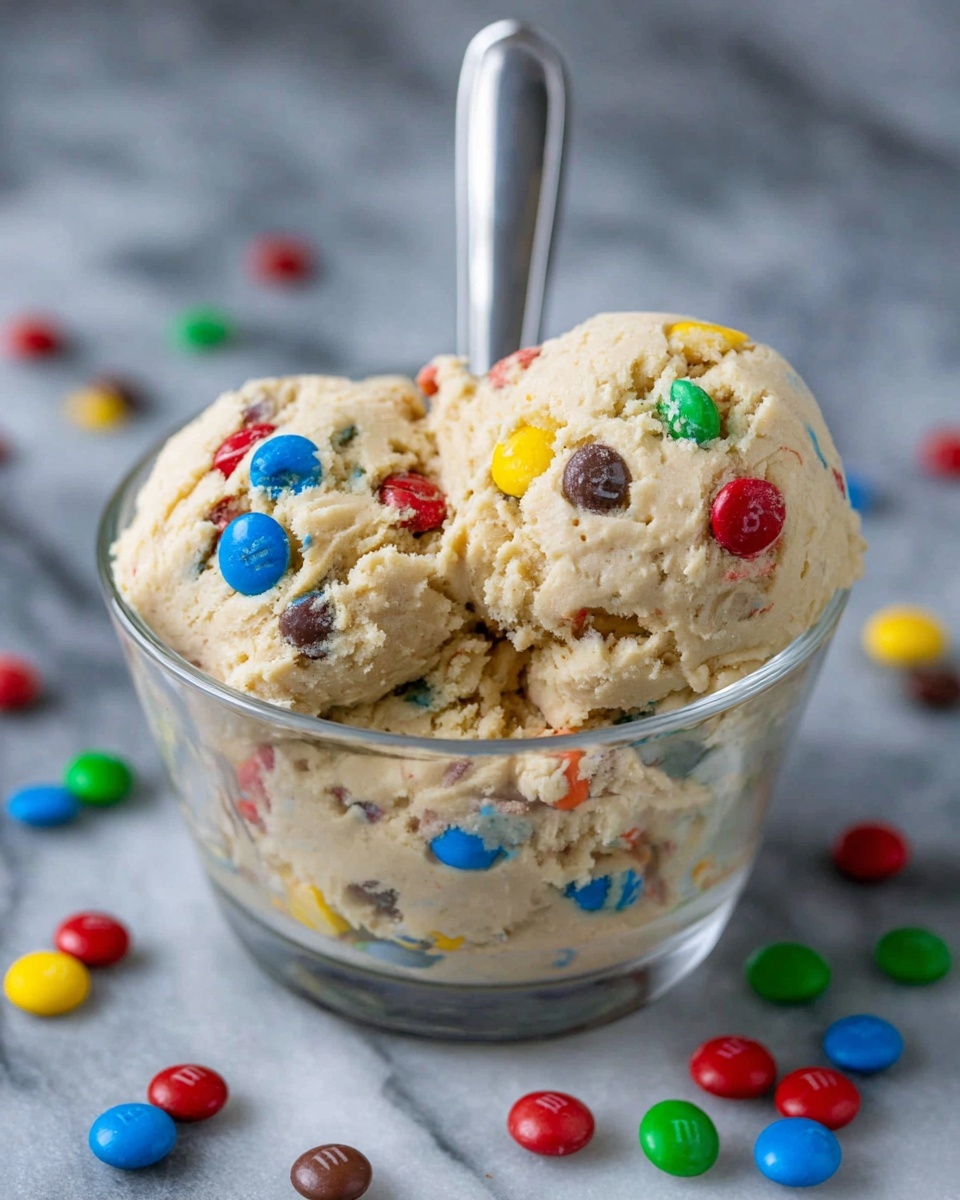 Edible M&M Cookie Dough Dip Recipe 4 A clear glass bowl filled with roughly two large scoops of light beige cookie dough with colorful candy-coated chocolate pieces mixed in and scattered around the bowl. The dough has a soft, slightly crumbly texture and is topped with bright red, yellow, green, blue, and brown candies that sparkle slightly under the light. A silver spoon stands upright in the bowl behind the dough. The bowl is placed on a white marbled surface with more colorful candies spilled casually around it. photo taken with an iphone --ar 4:5 --v 7