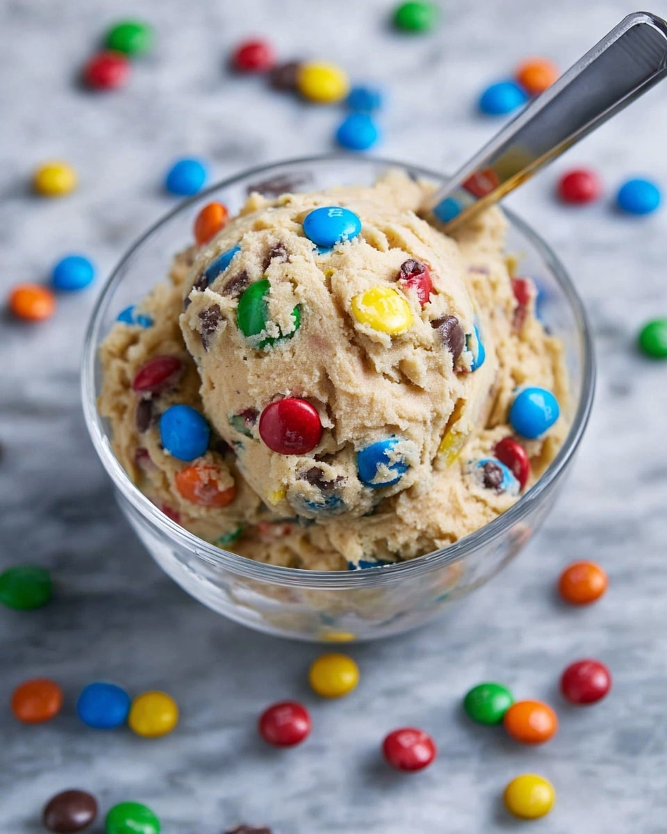 A clear glass bowl sits on a white marbled surface filled with a large scoop of beige cookie dough mixed with colorful candy-coated chocolate pieces in red, yellow, blue, green, orange, and brown. The dough has a soft, slightly crumbly texture with the candies embedded throughout, some sticking out on the surface. More candy-coated chocolates are scattered casually around the bowl on the white marbled surface. A metal spoon is partially inserted into the cookie dough from the side of the bowl. photo taken with an iphone --ar 4:5 --v 7