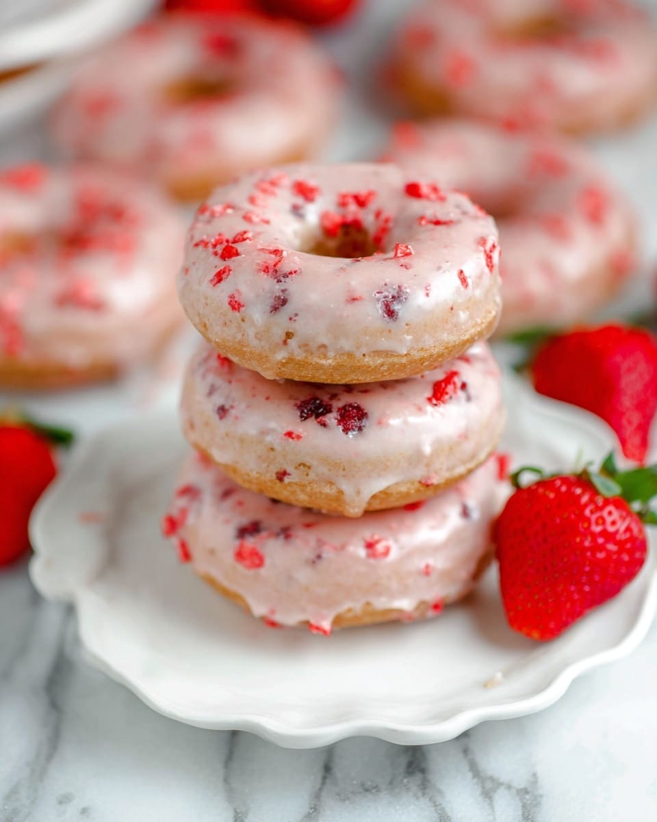 The image shows a stack of three glazed donuts with a light pink icing that has small red fruit pieces mixed in. The donuts have a soft, slightly textured dough in shades ranging from light beige to pale brown. They are stacked in the center of a white plate with gentle scalloped edges, which rests on a white marbled surface. Around the plate, some more donuts with the same pink icing and red fruit pieces are scattered, along with fresh red strawberries with green leaves, adding a pop of bright color. The focus is mainly on the stack, with a blurred background showing more donuts. Photo taken with an iphone --ar 4:5 --v 7