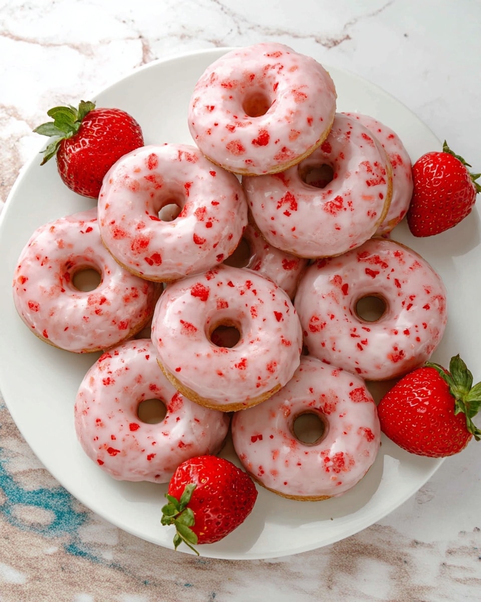 A white plate holds ten round donuts arranged loosely in a circle, each donut topped with light pink glaze that has small red chunks scattered evenly across the surface, creating a speckled pattern. The donut base is a light brown color, visible at the edges and the hole in the middle of each donut. Four bright red strawberries with green leafy tops are placed around the donuts on the plate for decoration. The plate rests on a white marbled surface with hints of blue and beige patterns visible in the background. photo taken with an iphone --ar 4:5 --v 7