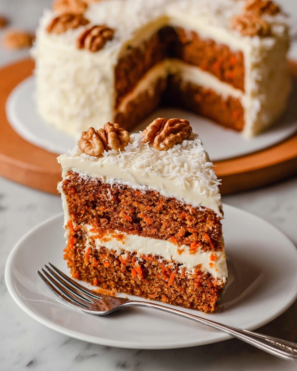 A slice of two-layer carrot cake with visible small pieces of carrot inside the moist, brown layers sits on a white plate. Between the layers is a thick layer of smooth white cream cheese frosting. The cake is covered in the same creamy white frosting, with finely shredded white coconut sprinkled on top. On the frosting of the slice, there are three walnut halves placed near the edge. In the background, the rest of the round carrot cake is on a white marbled surface, also frosted and decorated with walnut halves evenly spaced on top. A silver fork rests on the plate near the slice. photo taken with an iphone --ar 4:5 --v 7