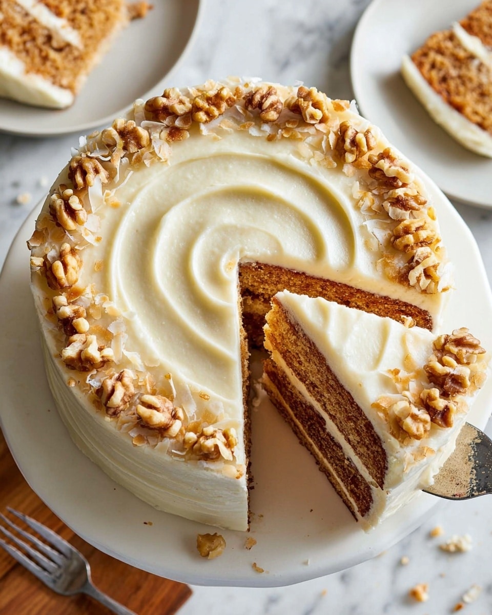 A three-layer round cake with light cream-colored frosting smoothly spread over the top and sides. The top has a soft swirl pattern in the frosting's center. Around the edge of the top, there is a ring of coconut flakes and whole walnut halves placed evenly. One slice is being lifted, showing the inside layers with a light brown cake containing small bits, separated by the same cream-colored frosting. The slice's top is decorated with walnuts and coconut flakes. The cake is on a white plate, and the background is a white marbled texture with some crumbs and a partial view of a fork and another plate with a piece of cake. Photo taken with an iphone --ar 4:5 --v 7