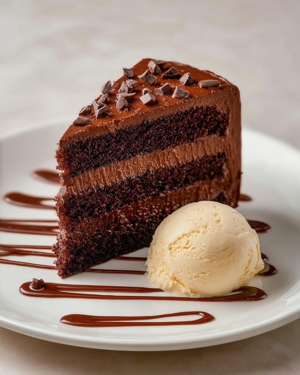 A slice of two-layer chocolate cake is placed on a white plate with three lines of chocolate sauce. The cake has a thick, dark brown, moist texture with a smooth, rich chocolate frosting layer in the middle and on top. The top layer of frosting is decorated with small chocolate chunks and thin lines of chocolate sauce dripping down the sides. Next to the cake slice is a round scoop of creamy vanilla ice cream with a soft texture. The background is a white marbled surface. photo taken with an iphone --ar 4:5 --v 7