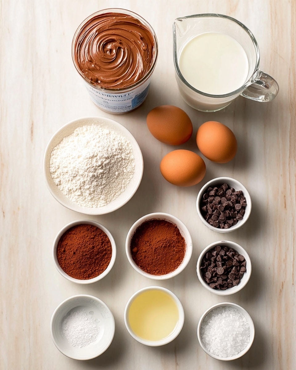 The image shows an organized layout of baking ingredients on a white marbled surface. At the top center, there is a tall container filled with smooth, light brown chocolate spread with a swirl on top. Below this, to the left, is a white bowl filled with white flour, and next to it on the right is a clear glass of milk. To the right of the milk glass is a transparent glass mug of water. Beneath these, two brown eggs sit side by side in the middle. Below the eggs, from left to right, are small white bowls containing reddish cocoa powder, white salt, light yellow liquid (possibly vanilla), and a pile of coarse salt. At the bottom row, there are three white bowls filled with white sugar, small dark chocolate chips, and small chocolate shavings. The layout is neat, with good spacing between each item, all set against the white marbled background. Photo taken with an iphone --ar 4:5 --v 7