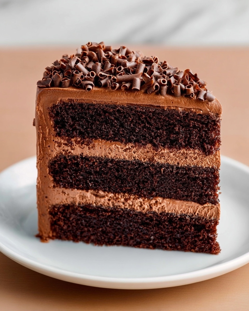 A slice of chocolate cake with three thick dark brown cake layers separated by three smooth and creamy light brown chocolate frosting layers, all topped with a layer of the same frosting decorated with many small curled chocolate shavings. The cake slice sits on a simple white plate on a white marbled surface. The texture of the cake looks moist and soft, with the frosting creamy and slightly glossy. Photo taken with an iphone --ar 4:5 --v 7