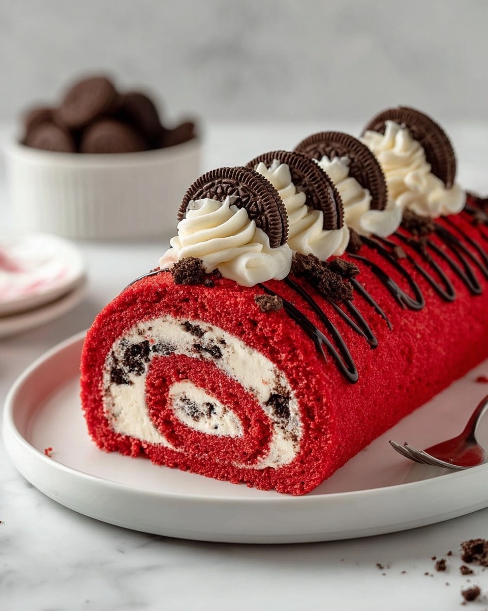 A bright red roll cake with one slice cut and placed on a white plate, showing three visible layers: a soft red sponge rolled with a white cream filling that has small black cookie crumbs mixed in, forming a spiral pattern inside; the outside layer of the roll is red and smooth. On top of the roll, there are five generous swirls of white cream with mini chocolate cookies inserted vertically into each swirl, scattered with small cookie crumbs and thin chocolate drizzle lines running over the red cake. The plate sits on a white marbled surface with a blurred white bowl holding more mini chocolate cookies in the background, photo taken with an iphone --ar 4:5 --v 7