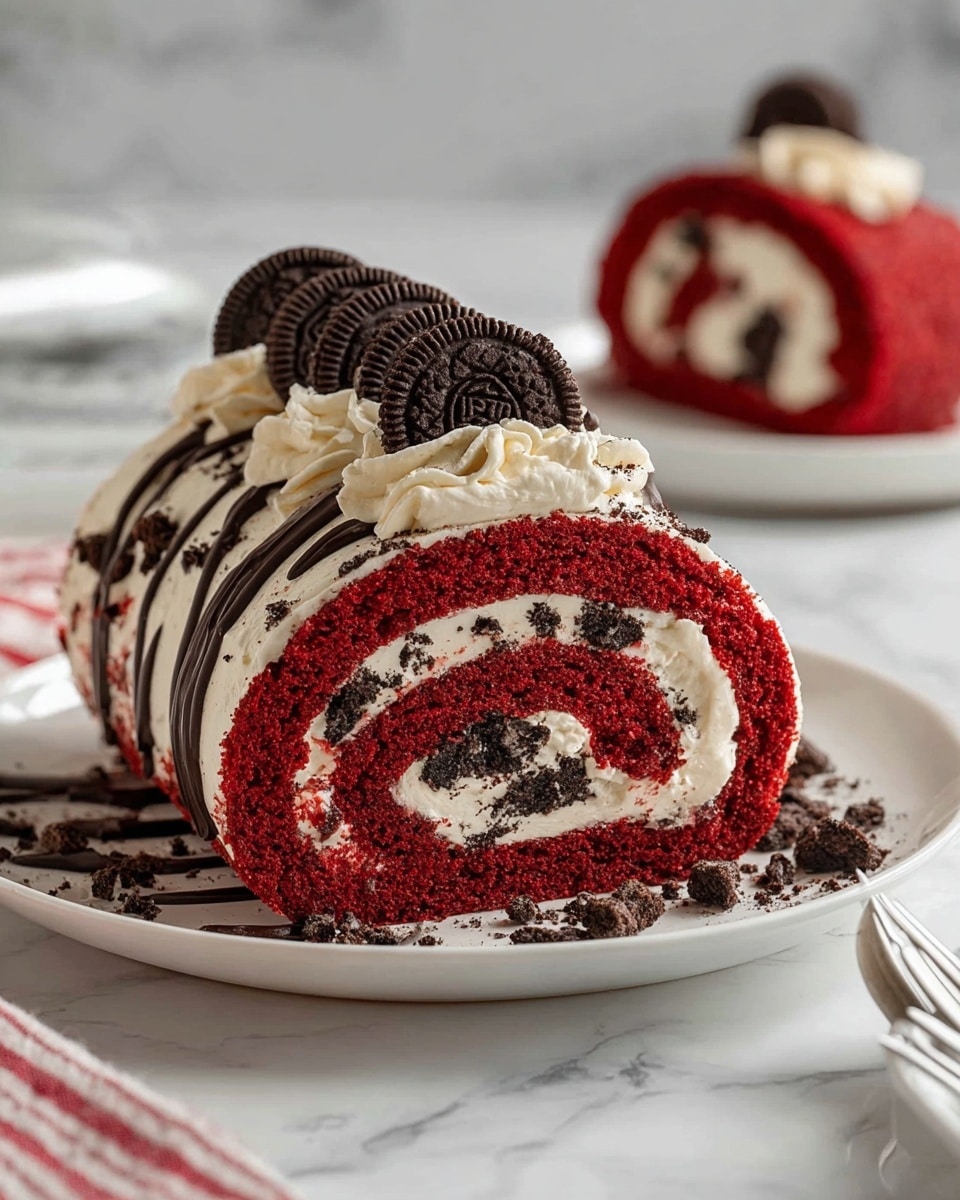 A rolled red cake with several visible red sponge layers rolled tightly with white cream layers that have small dark chocolate cookie pieces mixed in. The roll is topped with white cream and decorated with round chocolate cookies standing upright on top, and thin dark chocolate drizzle on the sides. Some chocolate crumbs are scattered on the white plate underneath. In the background, another slice of the same cake is placed on a white plate, all set on a white marbled surface. Photo taken with an iphone --ar 4:5 --v 7