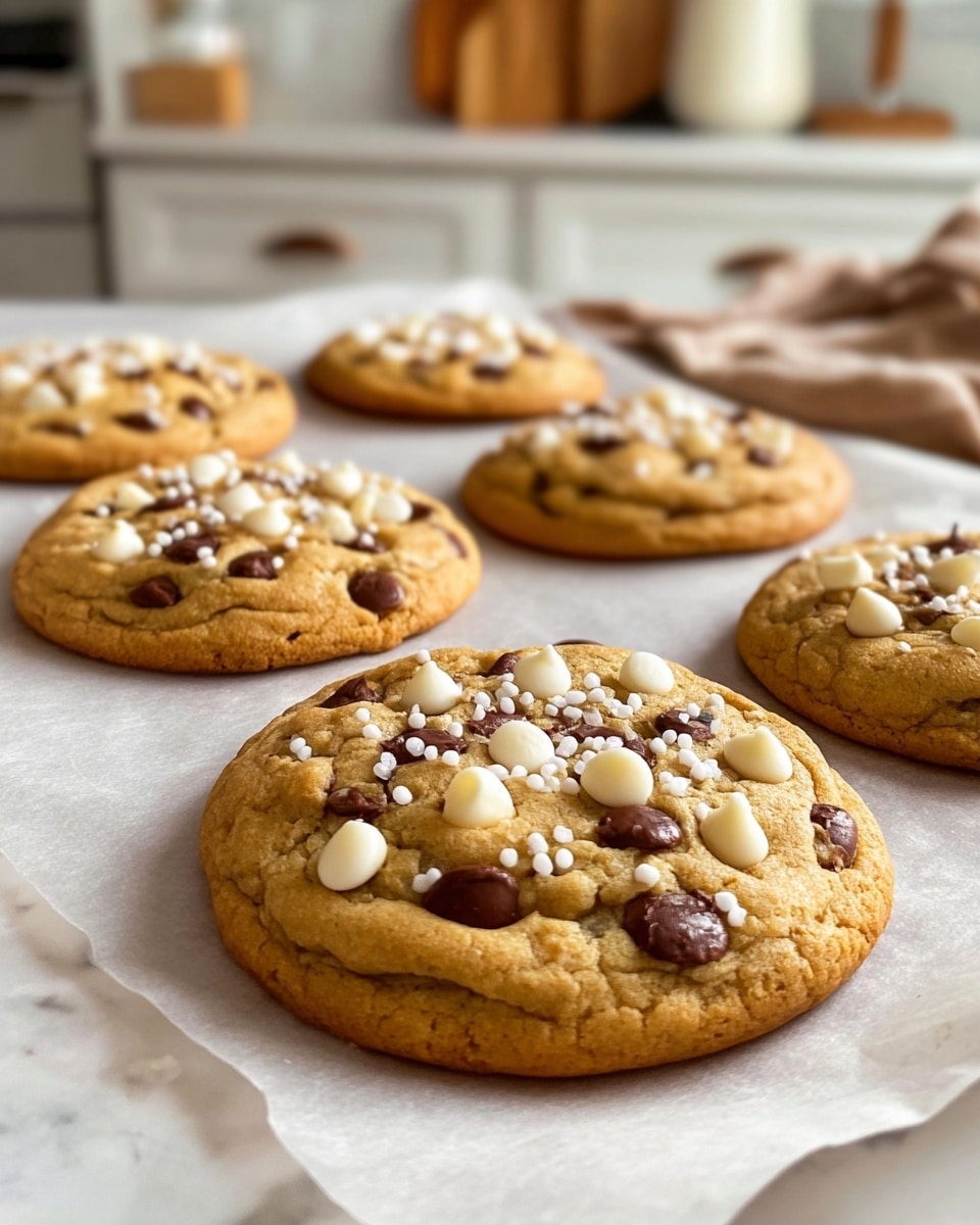 The image shows a close-up of several golden brown cookies with a soft texture on a sheet of baking paper. Each cookie is filled with dark chocolate chips and topped with white chocolate chips and small white sprinkles. The cookies are round and slightly thick with a gentle rise. They are arranged in rows on the parchment paper with a white marbled kitchen counter in the background, which includes white cabinets and some wooden kitchen items blurred out. photo taken with an iphone --ar 4:5 --v 7