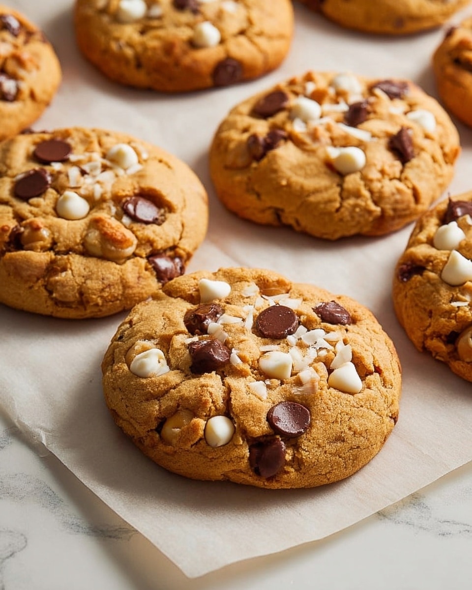 A close-up view of a round cookie with a golden-brown color and a slightly cracked surface, topped with several large dark chocolate drops, one central white chocolate drop, and small white sprinkles scattered over the top; the cookie rests on a piece of light brown parchment paper with more similar cookies blurred softly in the background, all placed on a white marbled surface. photo taken with an iphone --ar 4:5 --v 7