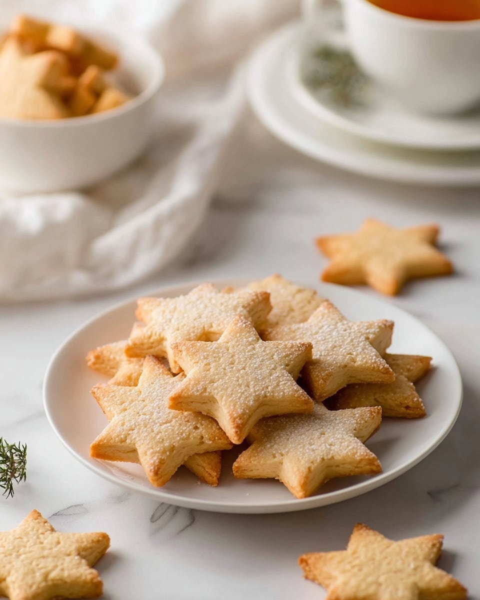 A white round plate holds about eight star-shaped cookies with a slight golden brown edge and a light dusting of white powder on top. The cookies have a textured leaf pattern on their surface. One cookie is partly under another, showing a thin layer. Nearby, more cookies are scattered on a white marbled surface. In the back, a white cup filled with light brown tea is partly visible, along with a white round plate lined with paper and a few more cookies on it. The scene is bright and softly lit, showing clear details on the cookies' texture photo taken with an iphone --ar 4:5 --v 7