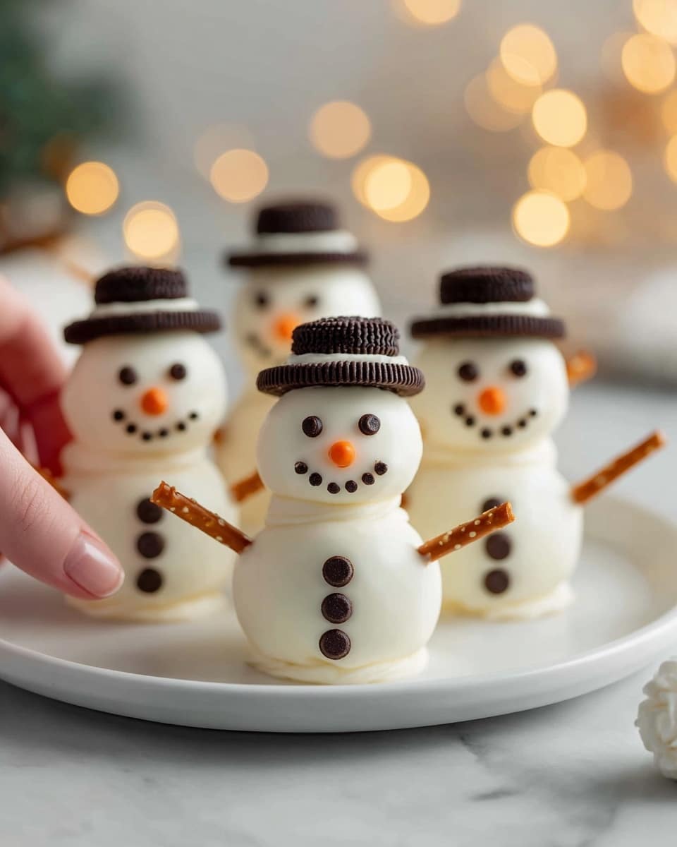 The image shows small snowman-shaped treats made from two white round layers stacked to form the body and head. Each snowman has two small dark chocolate pieces for eyes and an orange candy for the nose on the top layer, with a curved smile made of tiny dark chocolate dots below the nose. Three dark chocolate dots run down the front of the bottom layer to look like buttons. Thin pretzel sticks stick out from the sides of the middle for arms pointing up and out. Each snowman wears a small black cookie with cream in the middle as a hat, placed on top of the head layer. They sit on a white plate against a white marbled surface with soft yellow lights in the blurred background. A woman's hand is about to touch one snowman. photo taken with an iphone --ar 4:5 --v 7