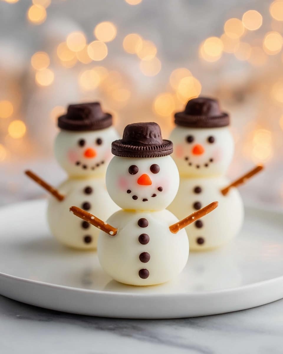 The image shows small snowmen made of two round white balls stacked on top of each other. Each snowman has a small Oreo cookie as a hat on top of the head ball. They have two small dark chocolate dots for eyes and a small orange carrot-shaped nose in the middle. The smile and buttons down the front are made of small dark chocolate dots arranged in a curve and line. Thin pretzel sticks form the arms extending out from the sides of the bottom ball. The snowmen are on a white plate placed on a white marbled surface, with warm yellow bokeh lights softly glowing in the background. Photo taken with an iphone --ar 4:5 --v 7