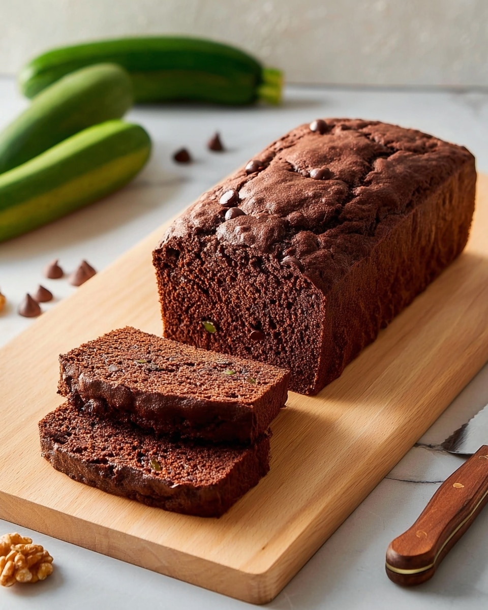 A loaf of dark brown chocolate bread with a cracked textured top sits on a light wooden board. Two thick slices are cut from the front, showing a soft, moist inside speckled with small chocolate chips. A knife with a wooden handle lies next to the loaf on the board. The background has a white marbled texture, with green zucchinis on the left and some walnuts and chocolate chips scattered around. Photo taken with an iphone --ar 4:5 --v 7