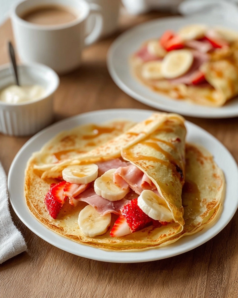 Two thin, golden pancakes are on a white plate placed on a white marbled surface. One pancake lies flat, topped with slices of light yellow banana and red strawberry pieces, along with small pieces of light pink ham. The second pancake is rolled and placed on top of the flat one, also showing some ham and strawberry inside and is decorated with banana slices and strawberry pieces on top. A light brown syrup is drizzled over both pancakes, giving a shiny texture. In the background, a second white plate with a similar pancake setup is slightly out of focus. Nearby are a white ramekin with creamy white sauce and white mugs, all on a wooden tabletop. Photo taken with an iphone --ar 4:5 --v 7