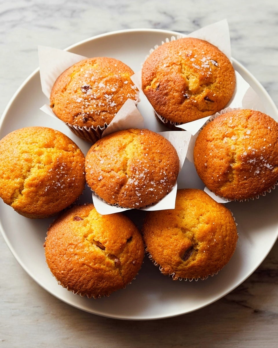 Seven golden brown muffins sit closely packed on a simple white plate, four of them with white paper wrappers around their bases. Each muffin has a slightly cracked top with a light dusting of sugar, giving a soft sparkle to the warm surface. Some muffins show small bits of nuts or fruit baked inside, creating a textured look with tiny dark spots. The plate rests on a white marbled surface that contrasts softly with the warm tones of the muffins. Photo taken with an iphone --ar 4:5 --v 7