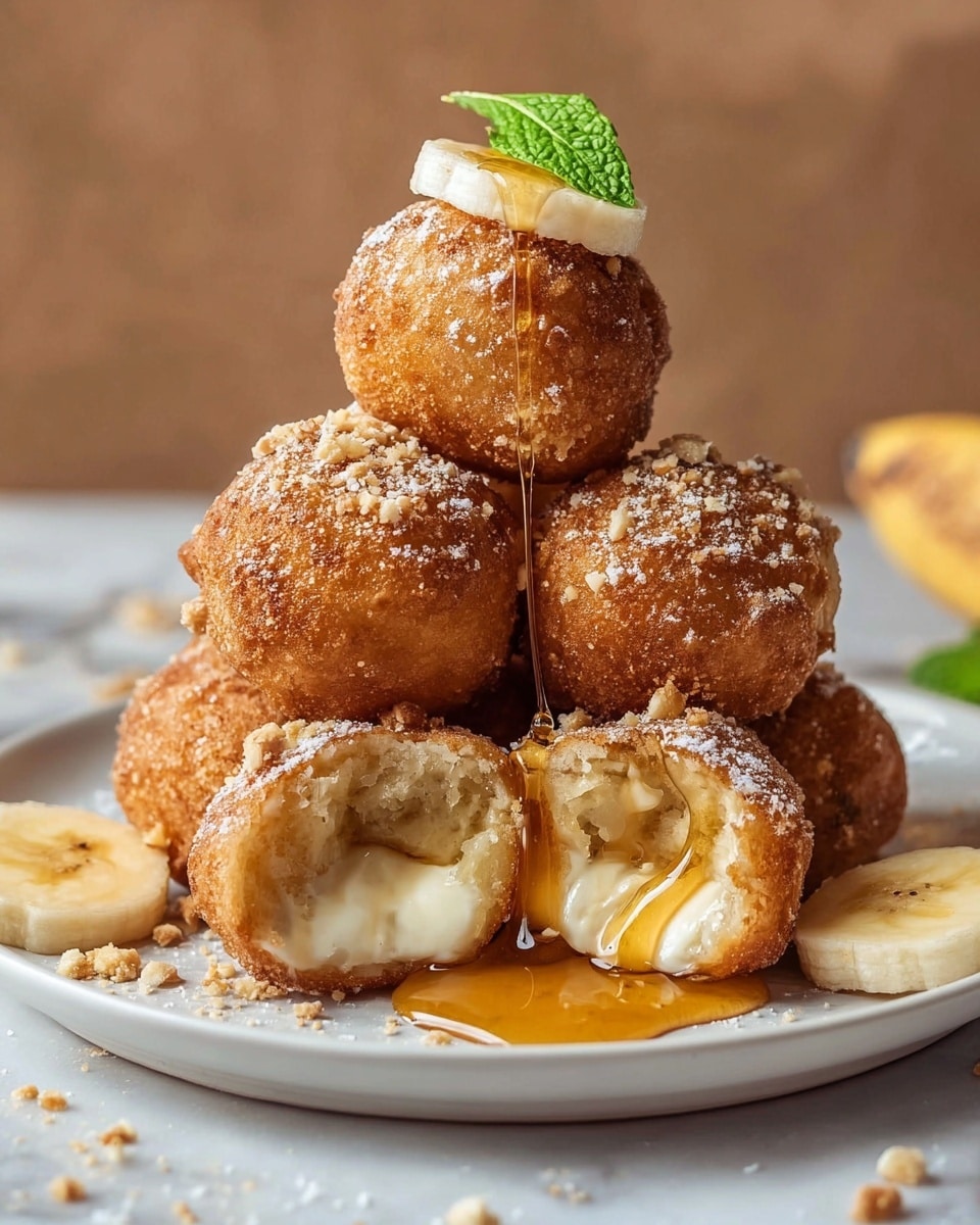 A stack of five golden brown fried balls is placed on a white plate with a white marbled texture surface. The balls have a rough crispy texture, with two balls broken open showing a soft, creamy inside filled with sliced bananas. One broken ball in front has honey dripping down its sides. On top of the stack, there is a thin banana slice and a small green mint leaf. The balls are lightly dusted with powdered sugar and sprinkled with small crushed nut pieces. Around the plate, there are a few banana slices and honey drizzled over the balls. Photo taken with an iphone --ar 4:5 --v 7