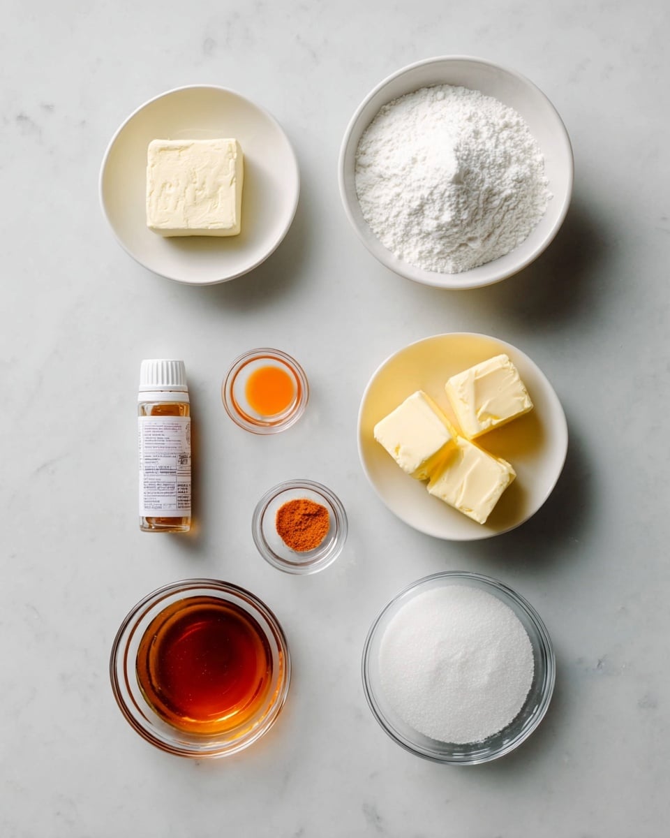 The image shows eight small white bowls and glass containers arranged on a white marbled surface. In the top row, from left to right, there is a bowl with a square block of cream cheese with a smooth texture, and next to it is a bowl filled with a heap of white powdered sugar. Below them, on the right side, there is a bowl holding three yellow butter chunks with a soft texture. Slightly left from the butter bowl, there is a small glass container with a tiny amount of orange liquid and a small white bowl with a very small amount of reddish orange spice. On the bottom row from left to right, there is a glass bowl filled with amber-colored syrup, a small clear bowl with white granulated salt, and a white bowl filled with white granulated sugar. A small bottle of orange extract with a white cap stands on the left middle side. The photo is taken with an iphone --ar 4:5 --v 7