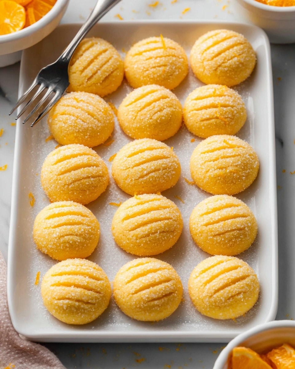 A white rectangular plate holds fifteen round yellow-orange cookies arranged in a neat 3 by 5 grid. Each cookie is coated with fine sugar crystals giving a soft texture and has four shallow indented lines on top. A silver fork rests diagonally on the top left corner of the plate. The plate is set on a white marbled surface, with parts of a white bowl filled with the same cookies and some orange zest visible in the background. Photo taken with an iphone --ar 4:5 --v 7