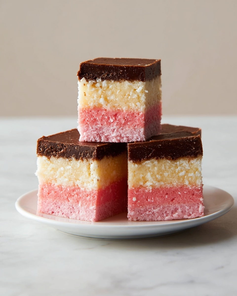 Four square layered dessert pieces are stacked on a white round plate over a white marbled surface. Each piece has three distinct layers: a bottom pink layer with a slightly rough texture, a middle creamy white layer that looks soft and fluffy with small bits, and a top dark brown layer with a smooth, slightly shiny texture. The two bottom pieces are placed side by side on the plate, with one piece stacked on them, and the last piece balanced on top. The background is plain, light, and neutral. Photo taken with an iphone --ar 4:5 --v 7