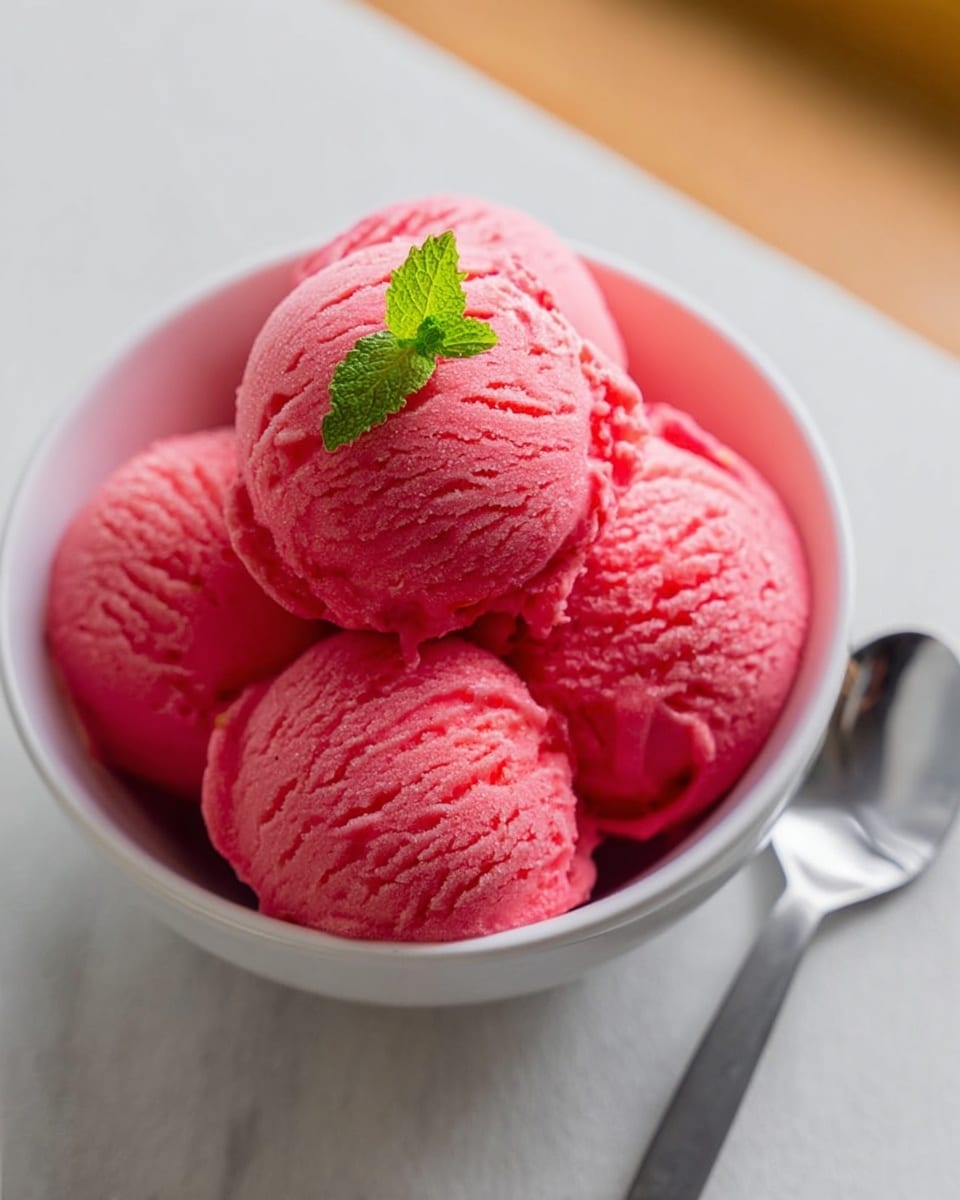 A white bowl filled with five bright pink ice cream scoops stacked closely together, with one scoop on top showing a small fresh green mint leaf. The ice cream has a smooth, creamy texture with slight ridges and soft lines. The bowl sits on a white marbled surface, and a shiny silver spoon is placed to the right side of the bowl. The lighting is soft and natural. photo taken with an iphone --ar 4:5 --v 7