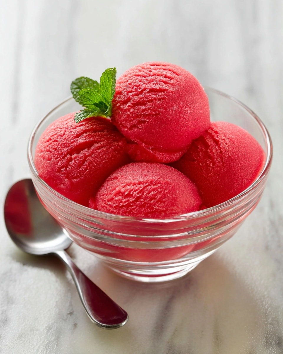 The image shows a clear glass bowl filled with five bright red sorbet scoops with a smooth but slightly textured surface. The scoops are closely packed, forming a small mound inside the bowl. A fresh green mint leaf is placed near the back scoops, adding a touch of color contrast. The bowl is placed on a white marbled surface, and beside it is a shiny silver spoon with a smooth, rounded shape. Photo taken with an iphone --ar 4:5 --v 7