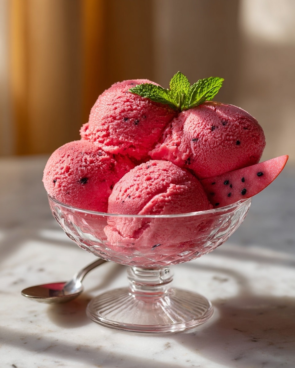 A white bowl filled with four scoops of bright pink ice cream with a rough and creamy texture, stacked close together with one scoop on top of the others, placed on a white marbled surface. Behind the bowl, two whole and one sliced prickly pear fruit showing their pink flesh are visible as background elements. A bronze spoon lies beside the bowl on the white marbled surface. Photo taken with an iphone --ar 4:5 --v 7