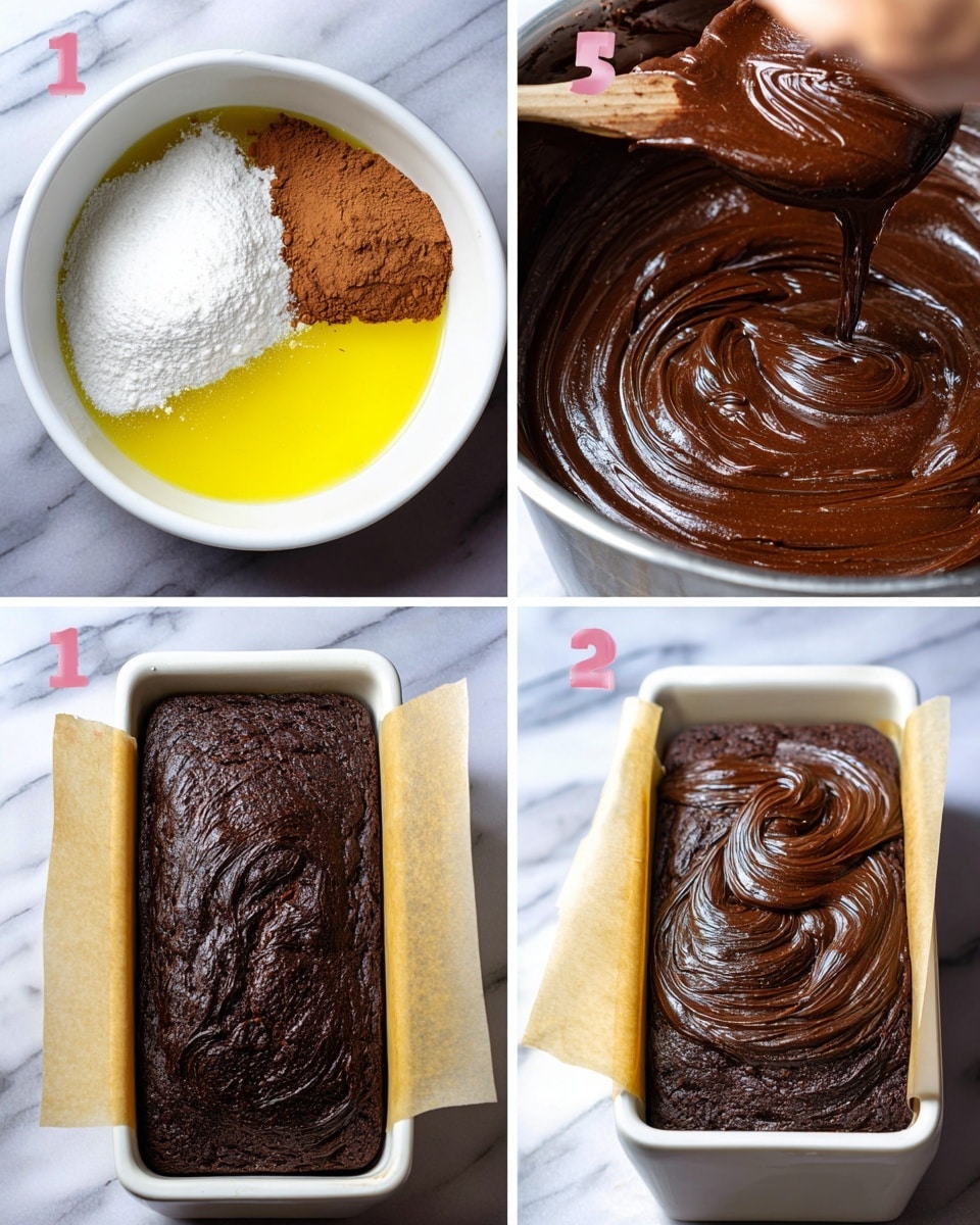 In the first image, a white bowl holds unmixed ingredients including a layer of white flour on one side, mustard-yellow melted butter, and brown cocoa powder, all resting on a white marbled surface. The second image shows thick, smooth dark chocolate batter inside a white bowl with a woman's hand stirring it, creating whirlpool patterns. The third image displays the glossy chocolate batter poured into a white rectangular pan lined with parchment paper, with visible swirls and ripples on top. The fourth image features a freshly baked dark chocolate loaf in the same white rectangular pan, parchment paper lining visible, with the surface showing a cracked top and textured crust. Photo taken with an iphone --ar 4:5 --v 7