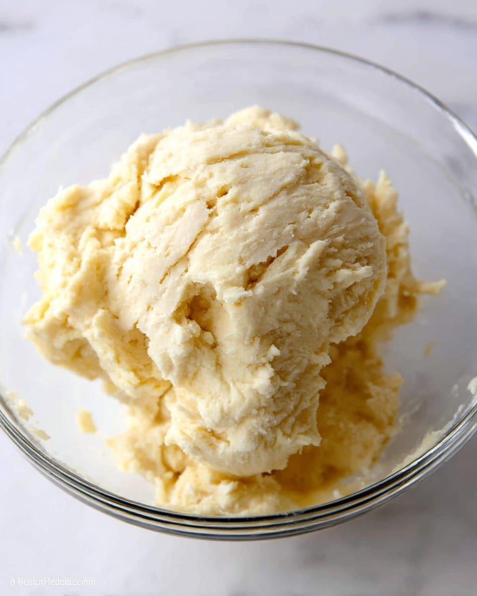 A close-up of a glass bowl filled with a single large scoop of pale yellow dough. The dough looks thick and soft with a rough texture, showing creases and small folds on its surface. The bowl sits on a white marbled texture background, emphasizing the dough’s creamy and slightly crumbly appearance. There are no other layers or ingredients visible in the image. photo taken with an iphone --ar 4:5 --v 7