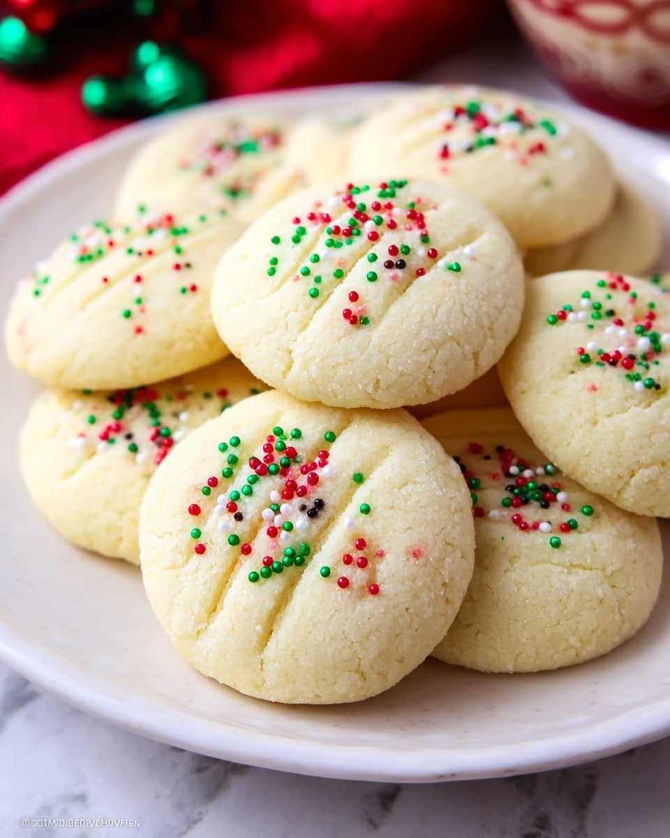 The image shows a close-up of a white plate filled with soft, round sugar cookies. Each cookie is pale yellow with a smooth texture and has three grooves on top. Small red, green, white, and black round sprinkles are scattered mainly in the center groove area, adding a festive look. The plate sits on a white marbled surface, and there is a hint of a red and green blurred background, suggesting holiday decoration. photo taken with an iphone --ar 4:5 --v 7