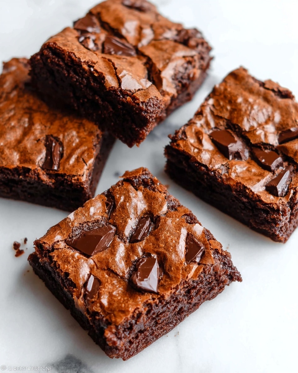 A stack of three thick square brownies is shown, each layer dark brown with a moist, dense texture. The top layer has a cracked, slightly shiny surface with scattered melted chocolate chunks creating a glossy, uneven finish. The middle and bottom layers look rich and fudgy with visible soft chocolate bits melting slightly. The stack is placed on a white plate on a white marbled surface, with a warm wood background blurred behind. photo taken with an iphone --ar 4:5 --v 7