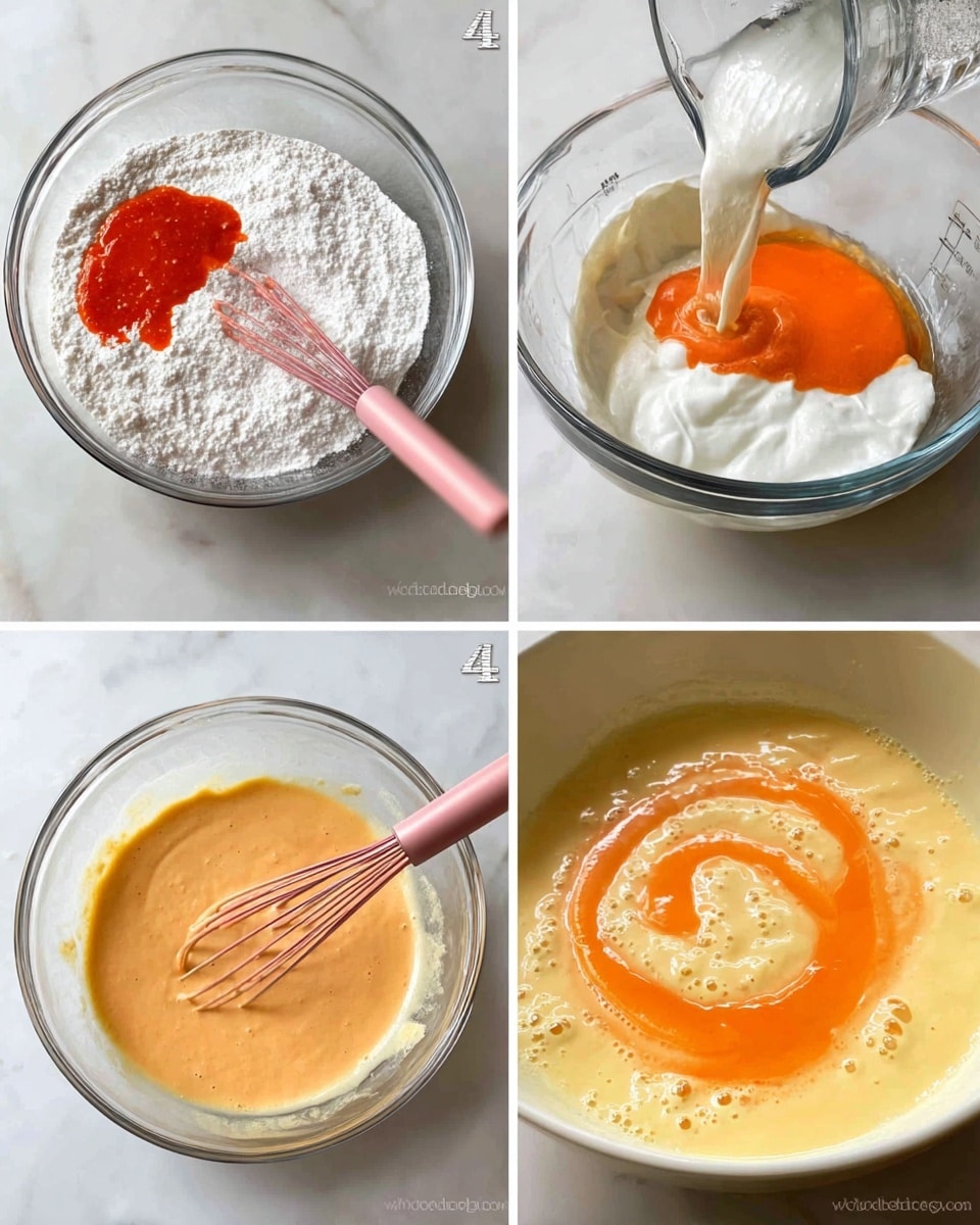 A series of four images showing a glass bowl on a white marbled surface with stages of mixing ingredients. In the first image, dry white flour and baking powder sit on one side of the bowl, with thick white yogurt on the other, and a small pool of bright red chili sauce on top of the flour, a pink whisk resting near them. The second image shows water being poured from a clear glass measuring cup into the same bowl, mixing the ingredients with the pink whisk. The third image reveals a smooth, light orange batter filling the bowl, with the pink whisk resting inside it. The fourth close-up image shows the batter cooking, with bubbles on its pale yellow surface and a spiral stream of bright orange liquid forming on top in a circular shape photo taken with an iphone --ar 4:5 --v 7