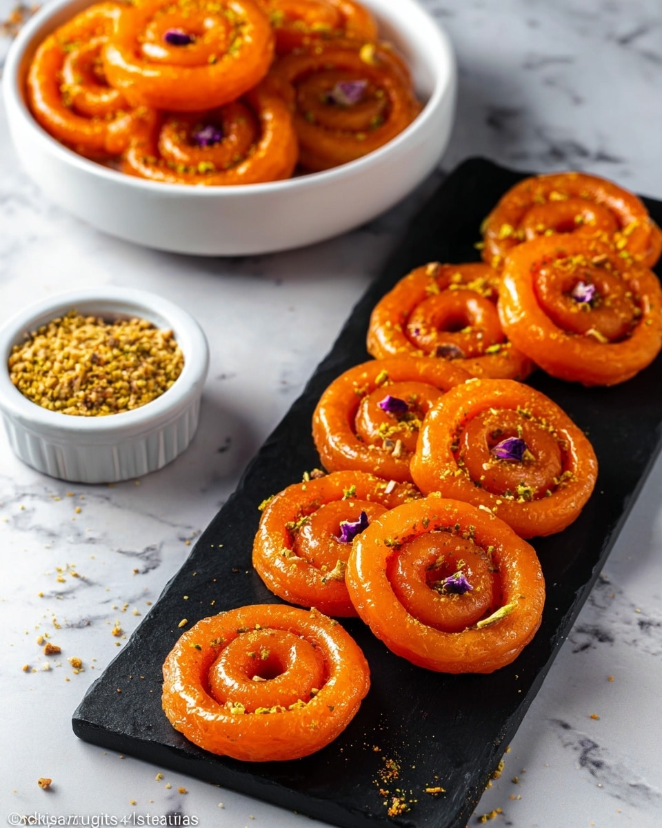 The image shows several round, spiral-shaped orange sweets arranged on a black rectangular slate. The sweets have a shiny, smooth texture and are garnished with small crushed nuts and a few tiny purple flower petals scattered on top. Behind the slate, there is a white round bowl filled with more of the same spiral sweets. In the bottom left corner, a small white bowl contains crushed nuts. The whole setup is placed on a white marbled surface. photo taken with an iphone --ar 4:5 --v 7