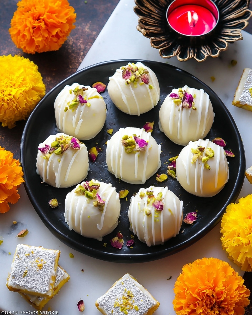 The image shows a black plate with nine round white sweets arranged in three rows. Each sweet is smooth and glossy with thin white drizzle lines running vertically. They are topped with small pieces of green pistachio, pink rose petals, and tiny bits of gold leaf, adding color and texture to the smooth white surface. Around the plate, there are bright yellow and orange marigold flowers, a small lit red candle in a dark flower-shaped holder, and white-coated square treats decorated with silver leaf, placed on white marble texture. The scene is detailed and festive, with the dark plate contrasting the white sweets and colorful decorations. photo taken with an iphone --ar 4:5 --v 7