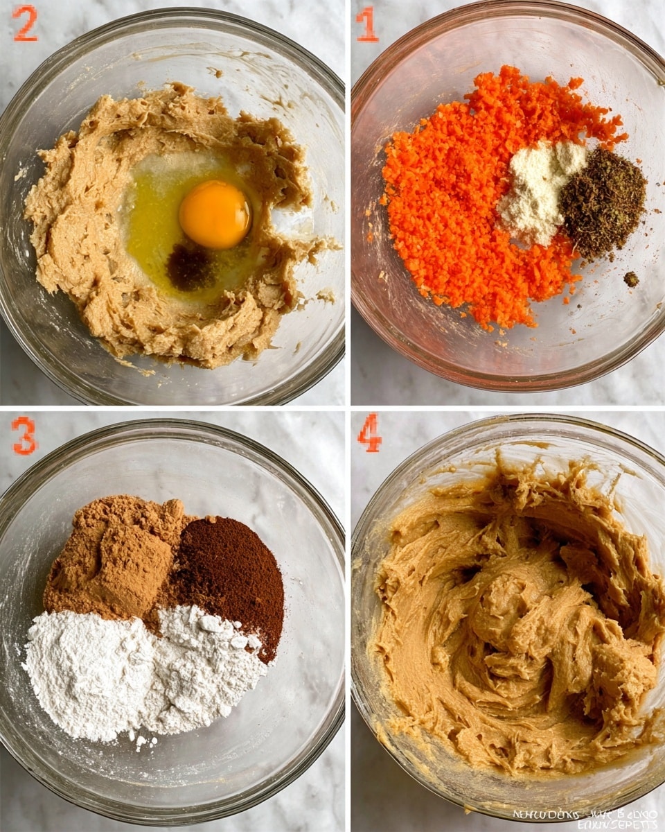 Four close-up images are arranged in a 2x2 grid, each showing a mixing bowl with dough in different stages. In the first image, a clear bowl holds a mix of light beige dough with an egg yolk and a small dark brown liquid spot on top. The second image shows the dough with added bright orange grated carrot and brown spices sprinkled on the right side. The third image displays the dough mixed to a darker beige color with white powders of flour and baking soda placed on the left side. The fourth image shows the dough fully mixed into a smooth, thick texture with a consistent light brown color inside the clear bowl. The background is a white marbled texture. Photo taken with an iphone --ar 4:5 --v 7