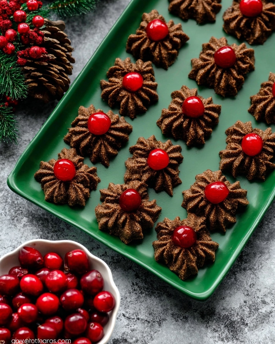 The image shows a green tray with 16 brown, star-shaped cookies arranged in a grid. Each cookie has a rough, ribbed texture with several layers, and on top of each sits a shiny bright red cherry. In the bottom right corner of the tray, there is a small white bowl full of more red cherries. The tray is on a white marbled surface, and a pine cone decorated with red berries is visible in the background. photo taken with an iphone --ar 4:5 --v 7