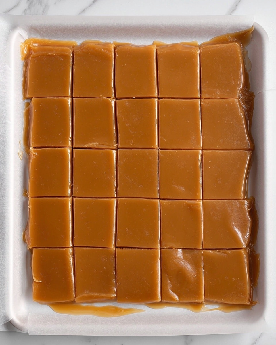 A single thick layer of smooth, light brown caramel candy spread evenly across a white parchment paper-lined baking tray, divided into 24 square pieces by shallow cut lines, with a glossy, slightly shiny texture and soft edges where the caramel meets the paper, all set on a white marbled surface photo taken with an iphone --ar 4:5 --v 7